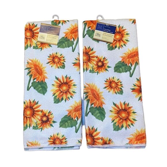 Two Sunflower Printed Kitchen Towels, 15x25 in. White, Yellow, Orange and Green - Picture 2 of 3